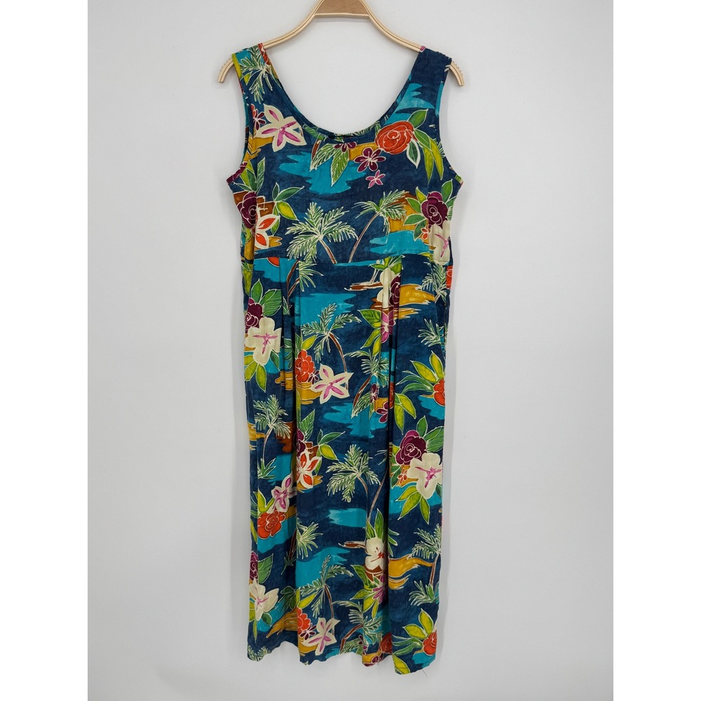 Jams World Midi Dress Size Medium Blue Hawaii Floral Palm Tree Tropical Resort